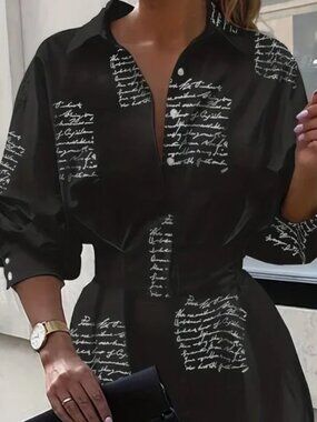 Black Script Print Shirt Dress – XXL Long Sleeve Button-Down Mini